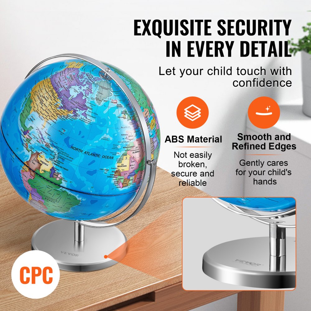 Rotating World Globe with Stand, 13 in/330.2 mm, Educational Geographic Globe with Precise Time Zone ABS Material, 720° Spinning Globe for Kids Children Learning Classroom Geography Education