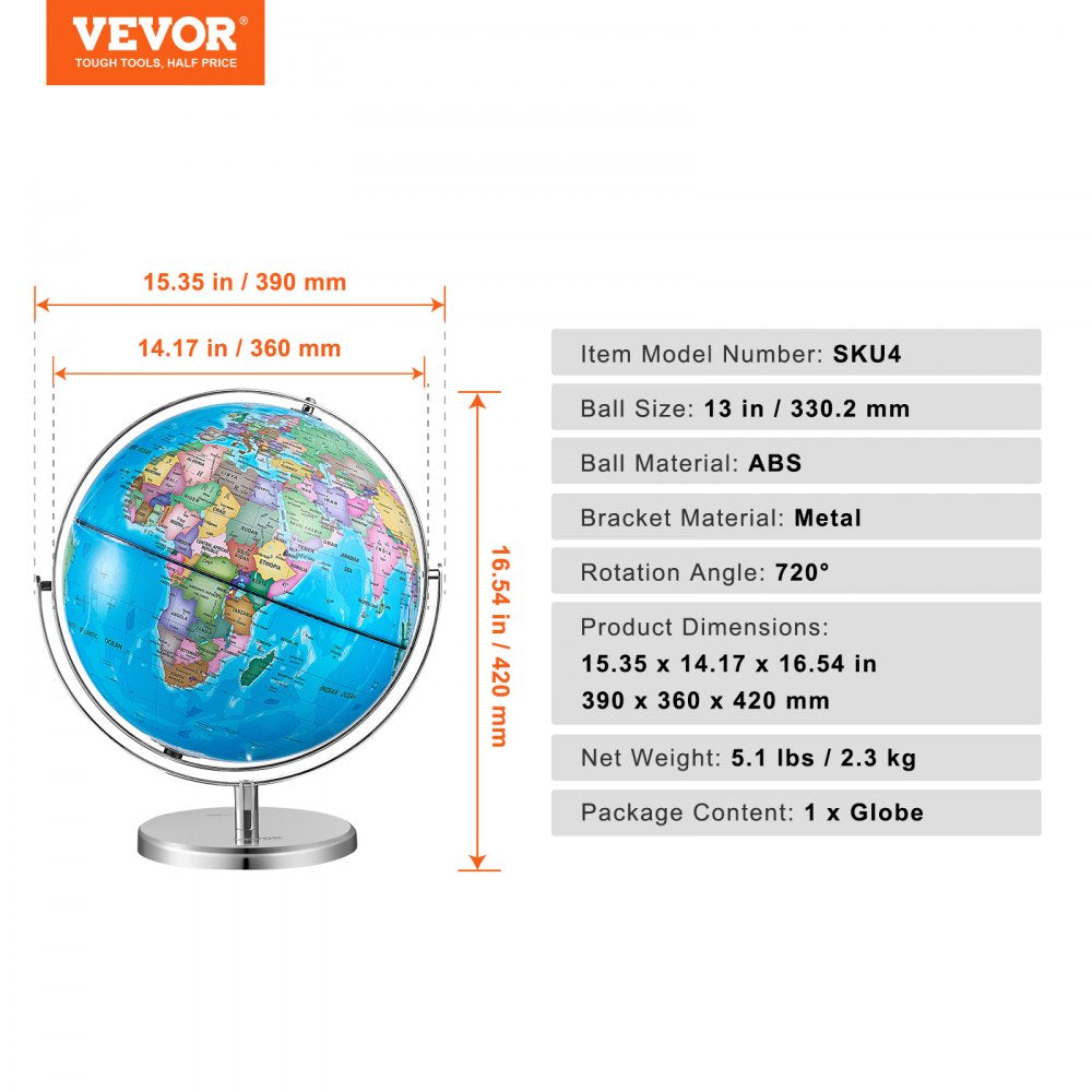 Rotating World Globe with Stand, 13 in/330.2 mm, Educational Geographic Globe with Precise Time Zone ABS Material, 720° Spinning Globe for Kids Children Learning Classroom Geography Education