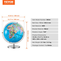 Rotating World Globe with Stand, 13 in/330.2 mm, Educational Geographic Globe with Precise Time Zone ABS Material, 720° Spinning Globe for Kids Children Learning Classroom Geography Education