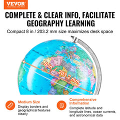 Rotating World Globe with Stand, 8 in/203.2 mm, Educational Geographic Globe with Precise Time Zone ABS Material, 360° Spinning Globe for Kids Children Learning Classroom Geography Education