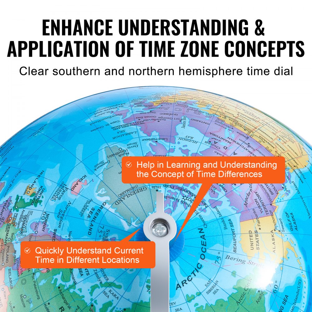 Rotating World Globe with Stand, 8 in/203.2 mm, Educational Geographic Globe with Precise Time Zone ABS Material, 360° Spinning Globe for Kids Children Learning Classroom Geography Education