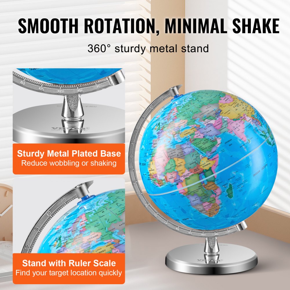 Rotating World Globe with Stand, 8 in/203.2 mm, Educational Geographic Globe with Precise Time Zone ABS Material, 360° Spinning Globe for Kids Children Learning Classroom Geography Education