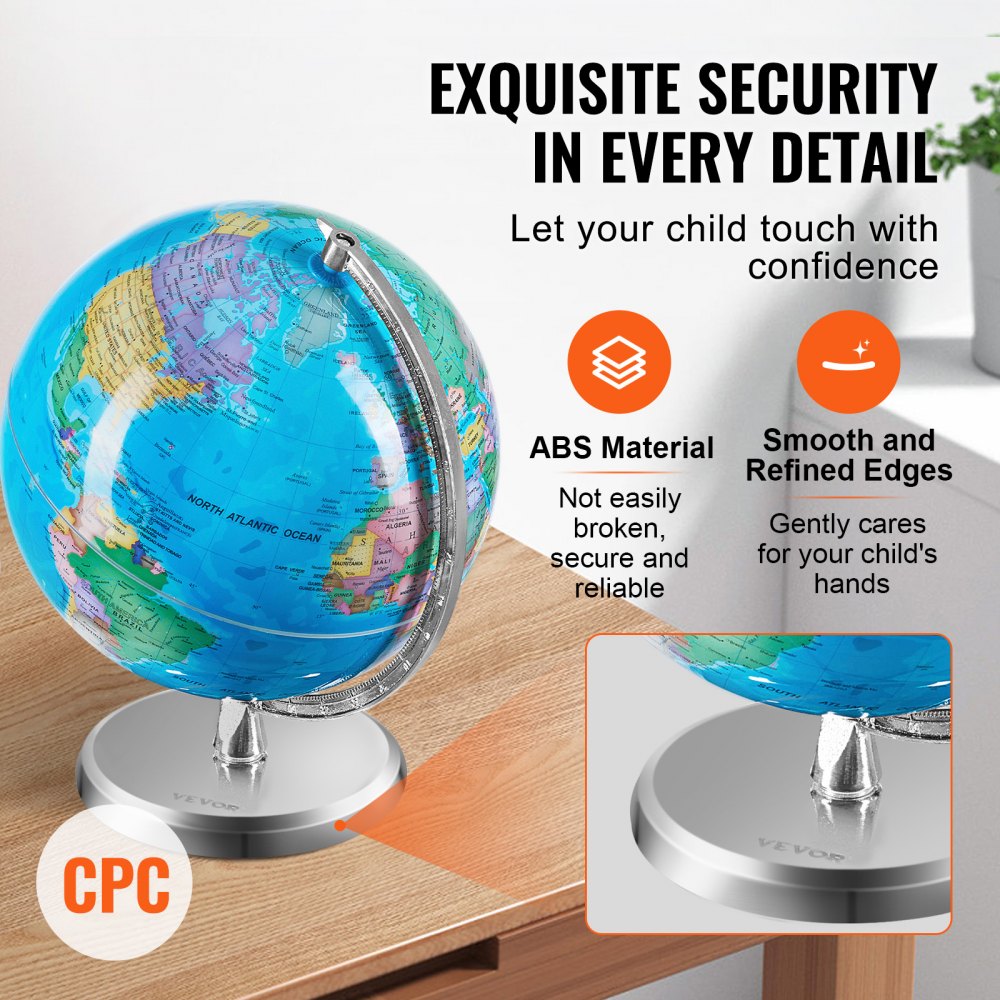 Rotating World Globe with Stand, 8 in/203.2 mm, Educational Geographic Globe with Precise Time Zone ABS Material, 360° Spinning Globe for Kids Children Learning Classroom Geography Education