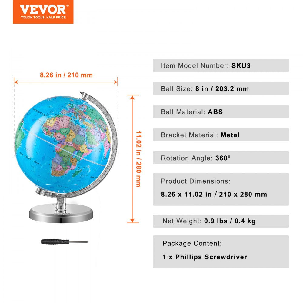 Rotating World Globe with Stand, 8 in/203.2 mm, Educational Geographic Globe with Precise Time Zone ABS Material, 360° Spinning Globe for Kids Children Learning Classroom Geography Education