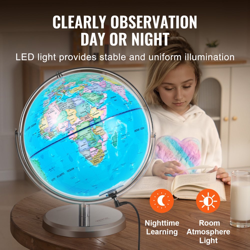 Illuminated World Globe with Stand, 13 in/330.2 mm, Educational Earth Globe with Stable Heavy Metal Base HD Printed Map and LED Night Lighting, 720° Spinning Globe for Kids Classroom Learning