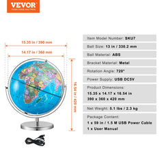 Illuminated World Globe with Stand, 13 in/330.2 mm, Educational Earth Globe with Stable Heavy Metal Base HD Printed Map and LED Night Lighting, 720° Spinning Globe for Kids Classroom Learning