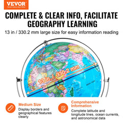 Illuminated World Globe with Stand, 13 in/330.2 mm, Educational Earth Globe with Stable Heavy Metal Base and LED Constellation Night Light HD Printed Map, Spinning for Kids Classroom Learning