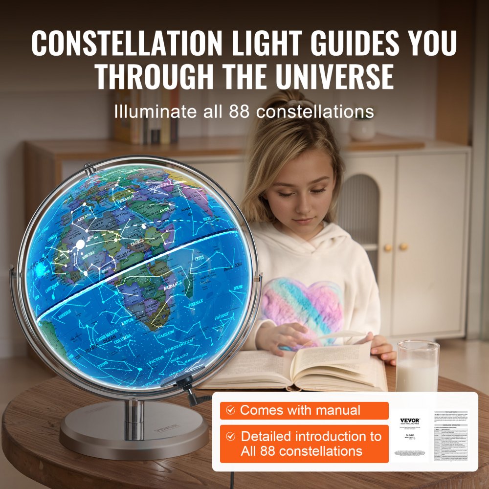 Illuminated World Globe with Stand, 13 in/330.2 mm, Educational Earth Globe with Stable Heavy Metal Base and LED Constellation Night Light HD Printed Map, Spinning for Kids Classroom Learning