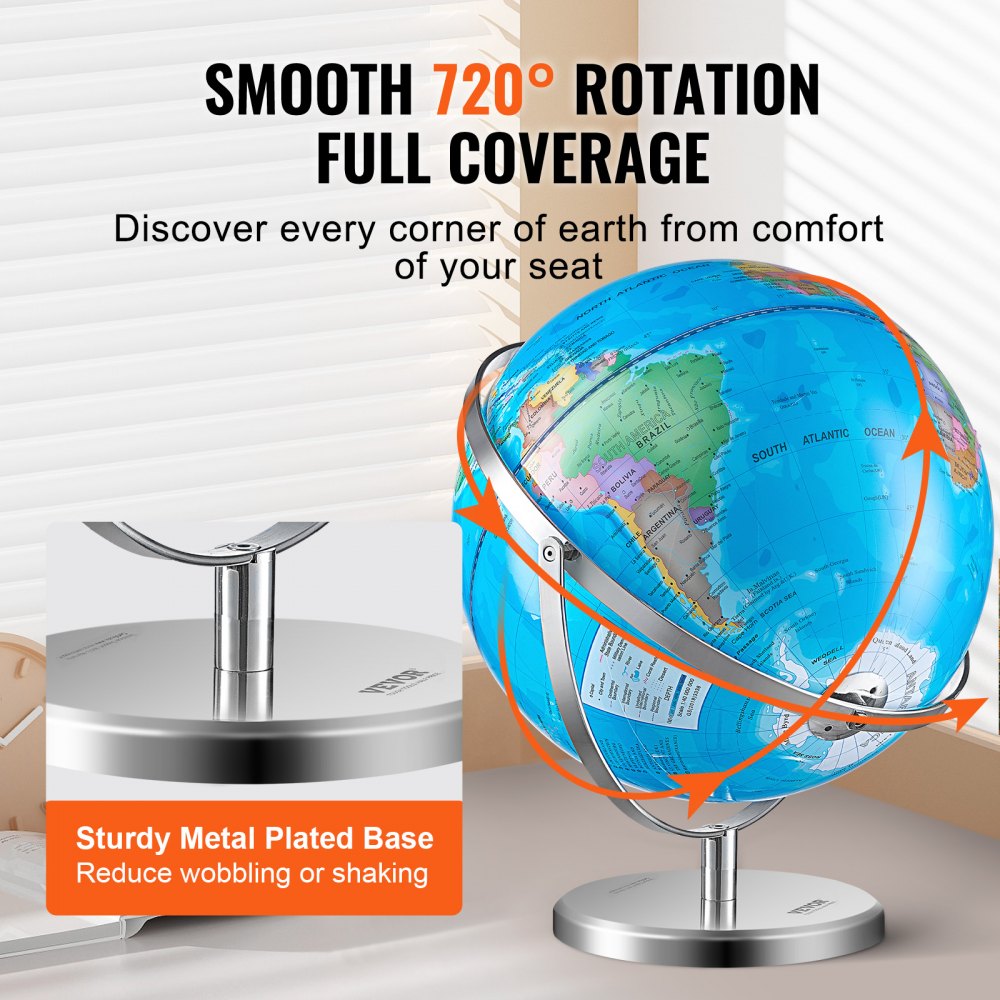 Illuminated World Globe with Stand, 13 in/330.2 mm, Educational Earth Globe with Stable Heavy Metal Base and LED Constellation Night Light HD Printed Map, Spinning for Kids Classroom Learning