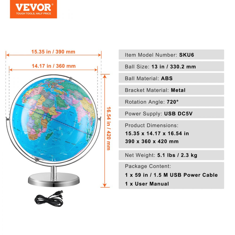 Illuminated World Globe with Stand, 13 in/330.2 mm, Educational Earth Globe with Stable Heavy Metal Base and LED Constellation Night Light HD Printed Map, Spinning for Kids Classroom Learning
