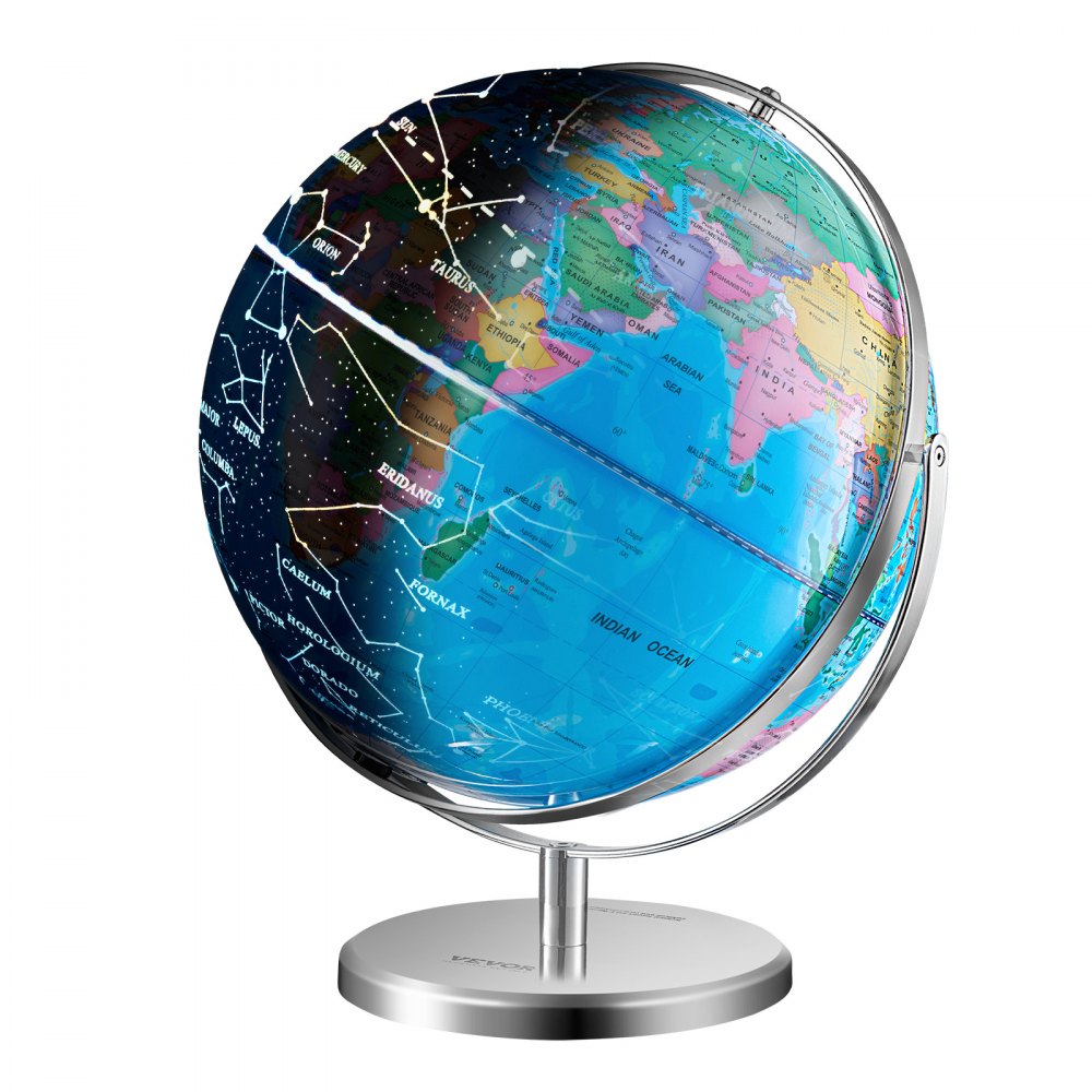 Illuminated World Globe with Stand, 13 in/330.2 mm, Educational Earth Globe with Stable Heavy Metal Base and LED Constellation Night Light HD Printed Map, Spinning for Kids Classroom Learning