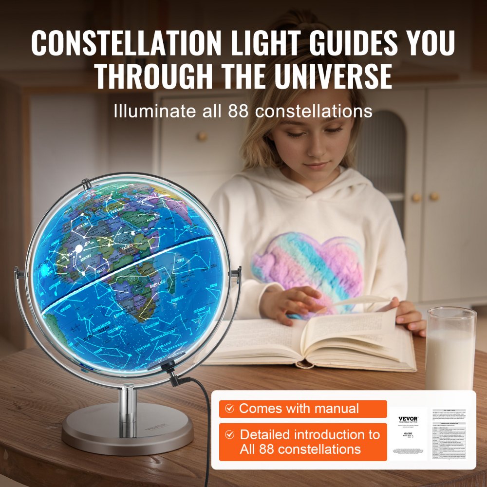 Illuminated World Globe with Stand, 9 in/228.6 mm, Educational Earth Globe with Stable Heavy Metal Base and LED Constellation Night Light HD Printed Map, Spinning for Kids Classroom Learning