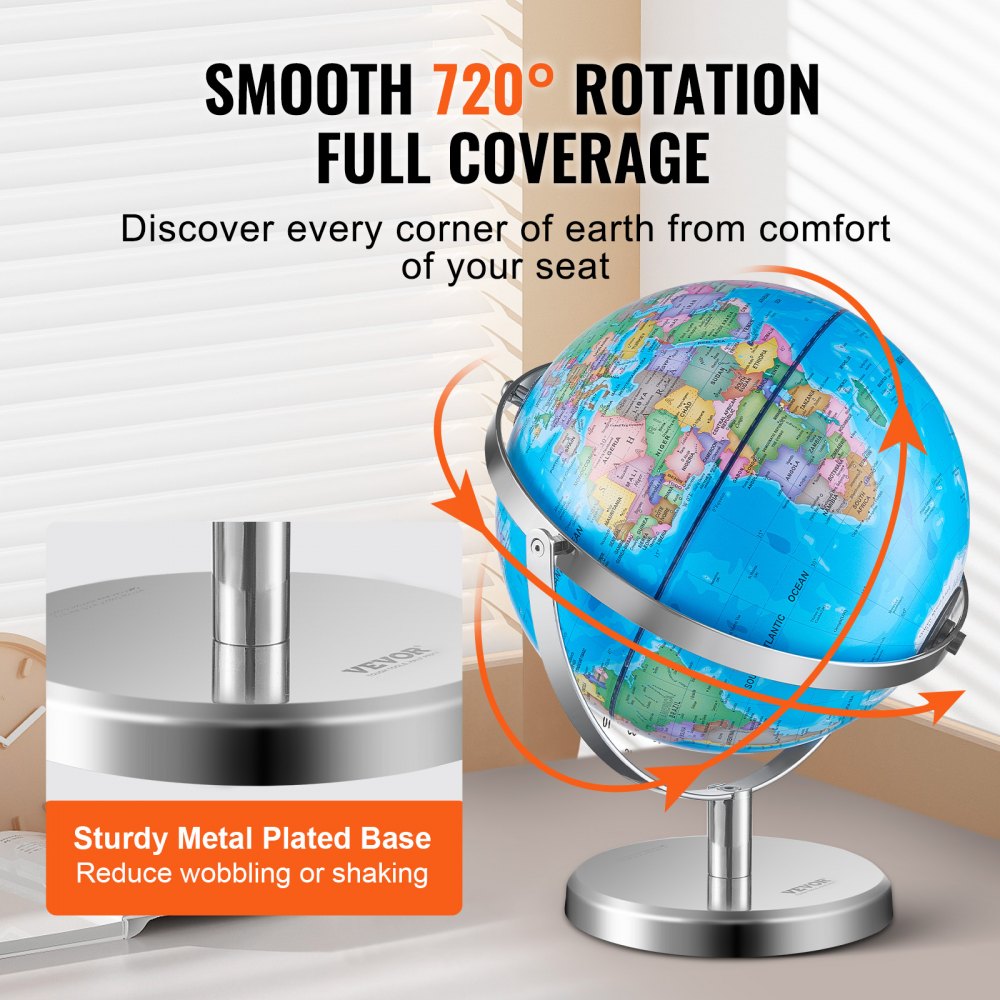 Illuminated World Globe with Stand, 9 in/228.6 mm, Educational Earth Globe with Stable Heavy Metal Base and LED Constellation Night Light HD Printed Map, Spinning for Kids Classroom Learning