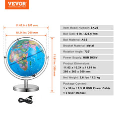 Illuminated World Globe with Stand, 9 in/228.6 mm, Educational Earth Globe with Stable Heavy Metal Base and LED Constellation Night Light HD Printed Map, Spinning for Kids Classroom Learning