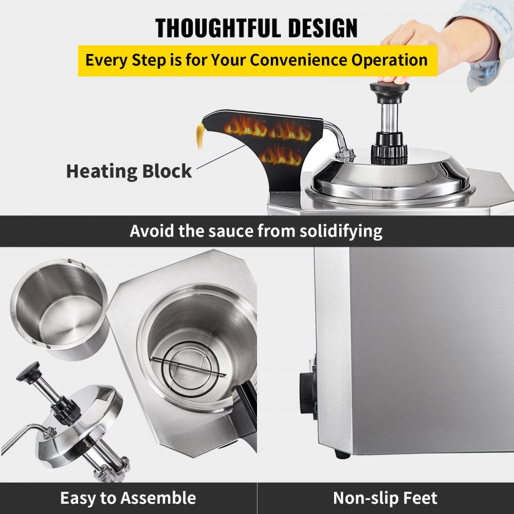 Cheese Dispenser with Pump, 2.6 Qt Capacity Cheese Warmer, Stainless Steel Hot Fudge Warmer with Pump 650W Cheese Dispenser, 30-110℃ Temp Adjustable, for Hot Fudge Cheese Caramel