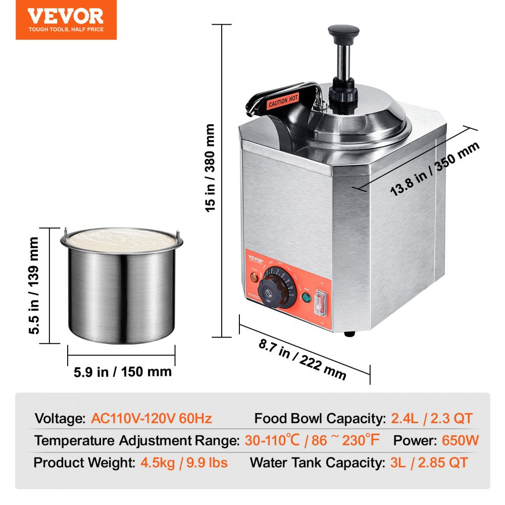 Electric Cheese Dispenser with Pump, 2.3 Qt Commercial Hot Fudge Warmer, Stainless Steel Heated Pump Dispenser, 86-230℉ Temp Adjustable Nacho Cheese Sauce Warmer, for Hot Fudge Cheese Caramel