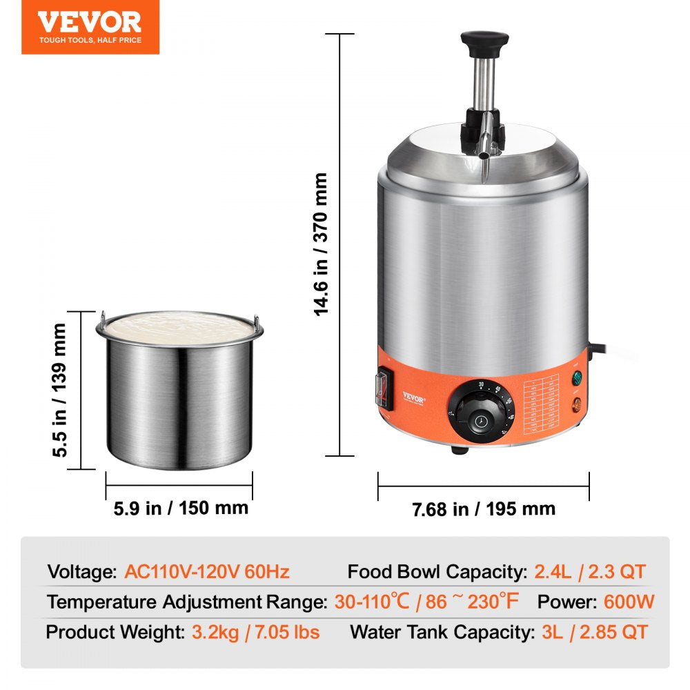 Electric Cheese Dispenser with Pump, 2.3 Qt Commercial Hot Fudge Warmer, Stainless Steel Pump Dispenser, 86-230℉ Temp Adjustable Nacho Cheese Sauce Warmer, for Hot Fudge Cheese Caramel