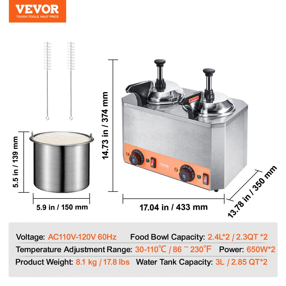 Electric Cheese Dispenser with Pumps, 2.3x2 Qt Commercial Hot Fudge Warmer, Stainless Steel Heated Double Pumps Dispenser, 86-230℉ Temp Adjustable Nacho Cheese Warmer for Fudge Cheese Caramel