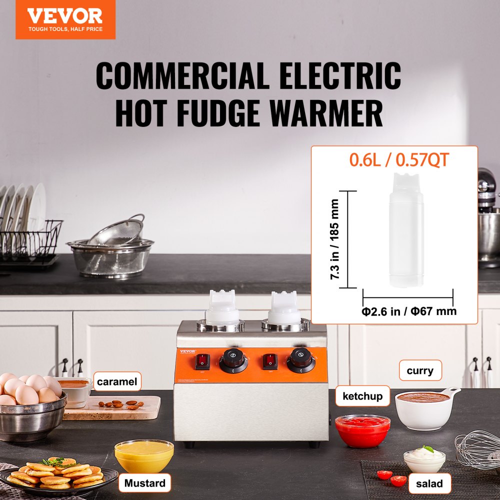 Electric Bottle Warmer with Bottles, 0.57x2 Qt Commercial Cheese Dispenser, Hot Fudge Warmer 86-185℉ Temp Adjustable, Plastic Double Bottles Nacho Cheese Warmer, for Hot Fudge Cheese Caramel