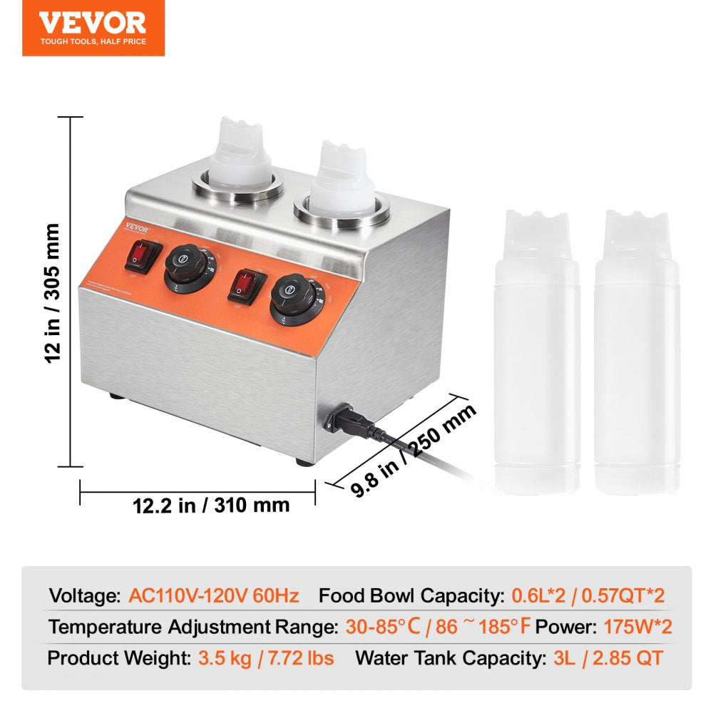 Electric Bottle Warmer with Bottles, 0.57x2 Qt Commercial Cheese Dispenser, Hot Fudge Warmer 86-185℉ Temp Adjustable, Plastic Double Bottles Nacho Cheese Warmer, for Hot Fudge Cheese Caramel