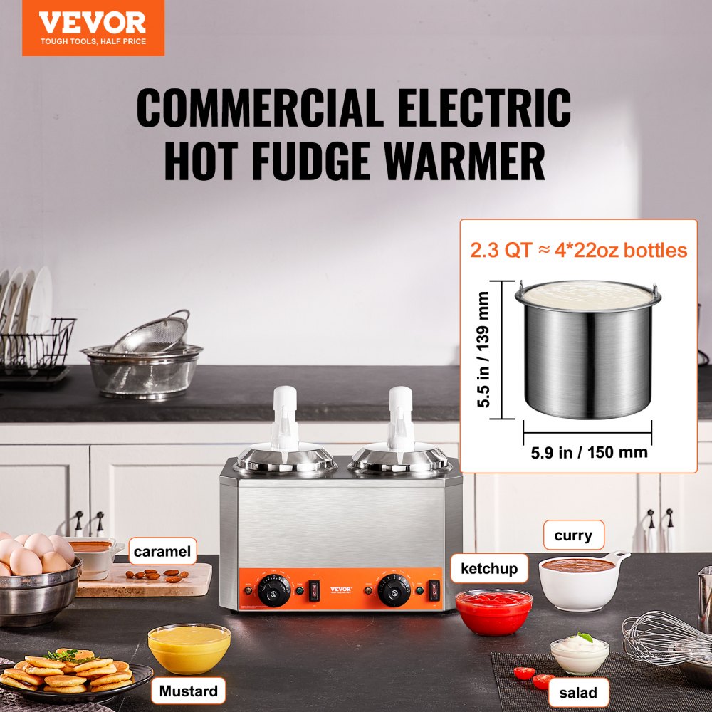 Electric Cheese Dispenser with Pumps, 2.3x2 Qt Commercial Hot Fudge Warmer, Plastic Double Pumps Dispenser, 86-230℉ Temp Adjustable Nacho Cheese Sauce Warmer, for Hot Fudge Cheese Caramel