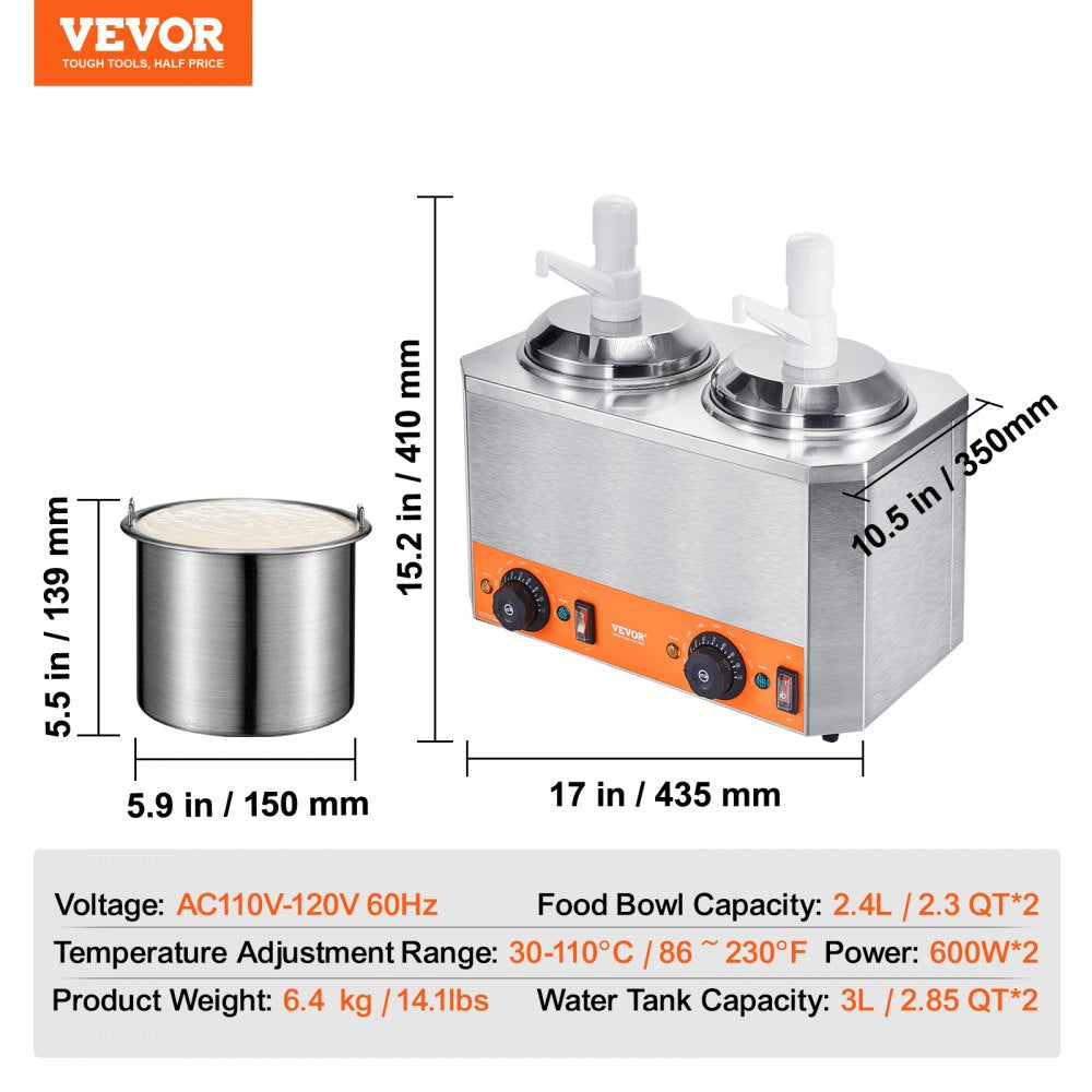 Electric Cheese Dispenser with Pumps, 2.3x2 Qt Commercial Hot Fudge Warmer, Plastic Double Pumps Dispenser, 86-230℉ Temp Adjustable Nacho Cheese Sauce Warmer, for Hot Fudge Cheese Caramel