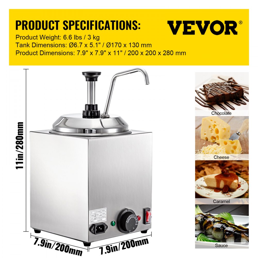 Cheese Dispenser with Pump, 2.6Qt Capacity Nacho Cheese Warmer with Pump, 650W Hot Fudge Warmer, Stainless Steel Hot Cheese Dispenser for Hot Fudge Cheese Caramel
