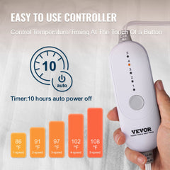 White heated mattress pad controller with five heat settings and auto-off timer shown on hand.