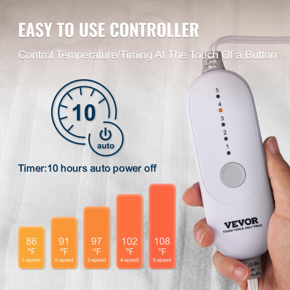 White heated mattress pad controller with five temperature settings and auto power off timer.