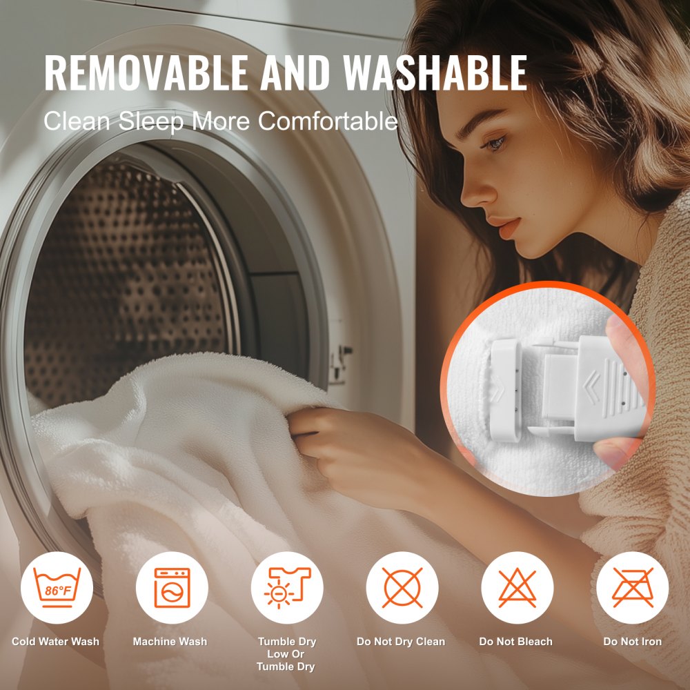 Image shows a woman holding a white removable cover with clasp near a washing machine, with care icons for cold wash, tumble dry low, no bleach, and no iron.