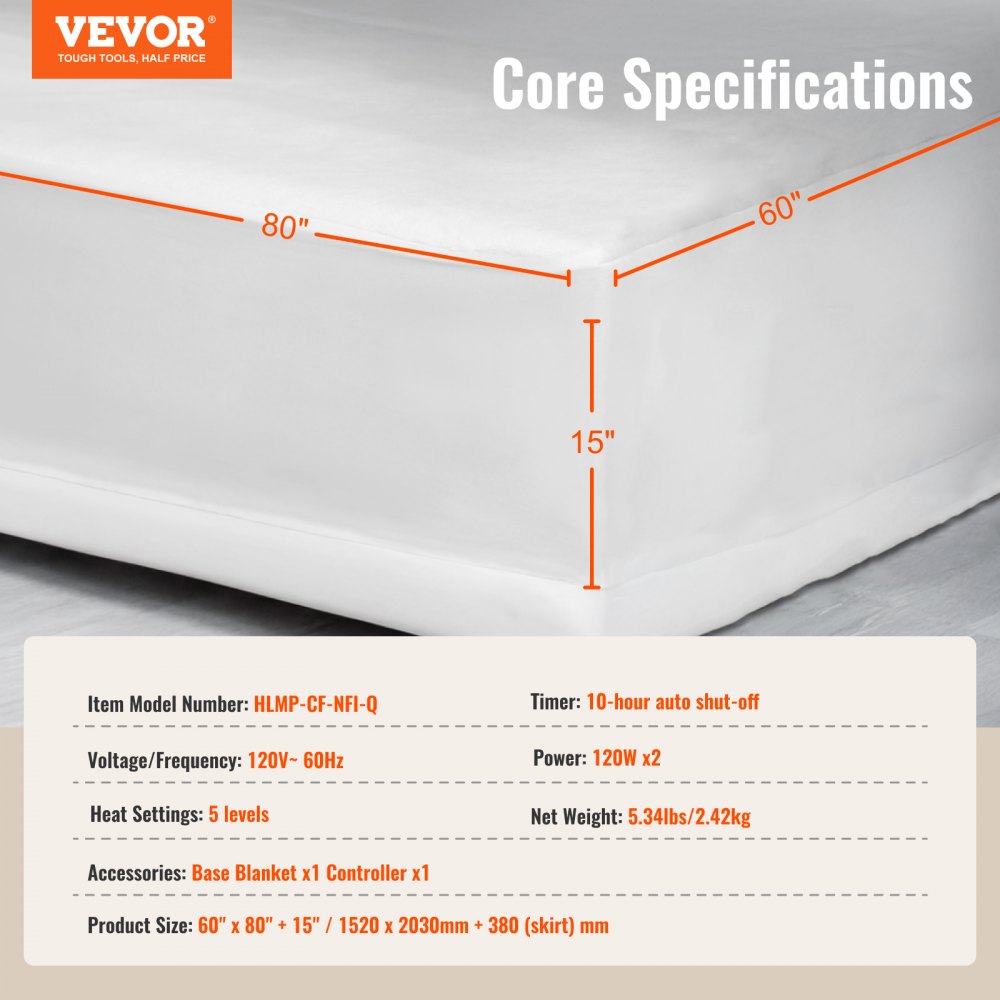 White heated mattress pad on bed with dimensions 60 by 80 inches and 15 inches deep.