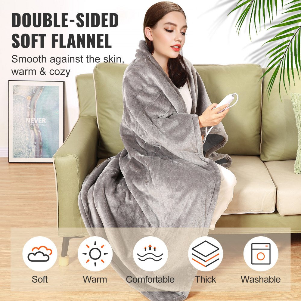 Grey flannel heated blanket with five heating levels and a 10-hour auto-off timer.