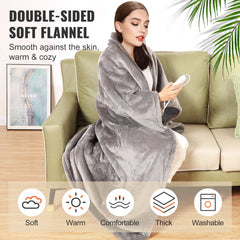 Grey flannel heated blanket with five heating levels and a 10-hour auto-off timer.