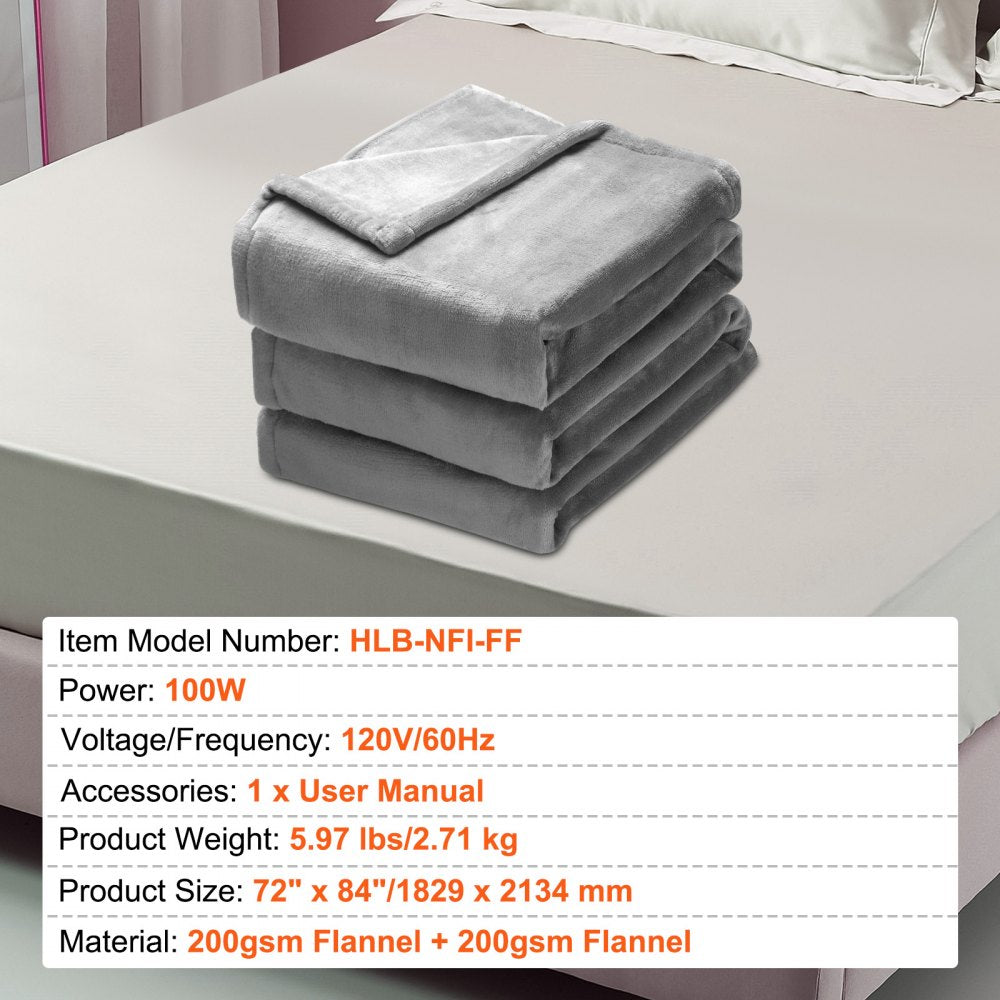 Grey flannel electric throw blanket with five heating levels and a 10-hour auto-off timer.