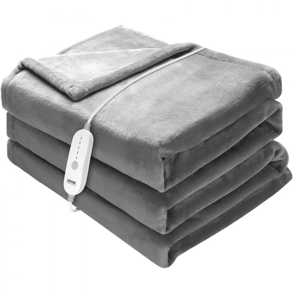 Grey flannel heated blanket with five heat settings and a 10-hour auto-off timer.