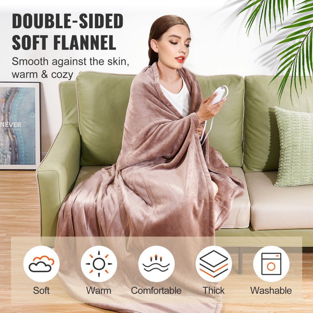 Bostome Queen heated blanket in beige, dual control with flannel fabric and five heating levels.
