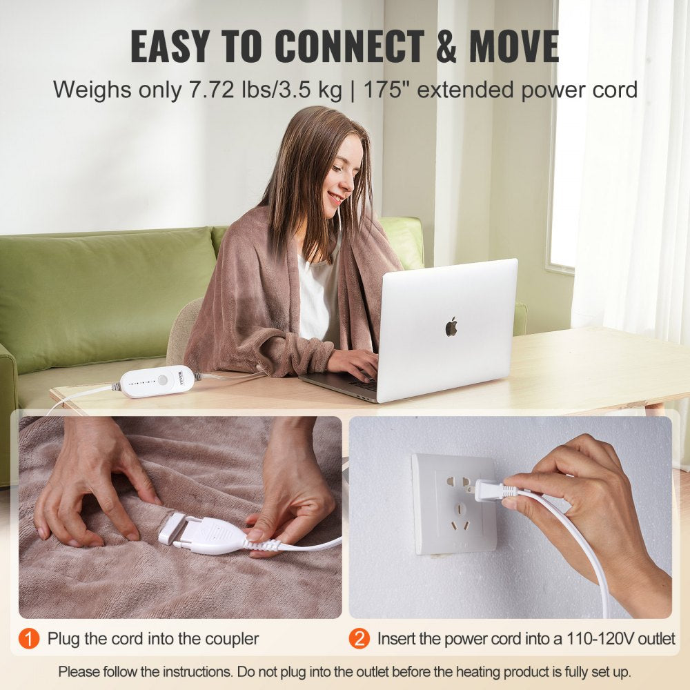 Queen-sized beige heated blanket with dual controls and soft flannel material.