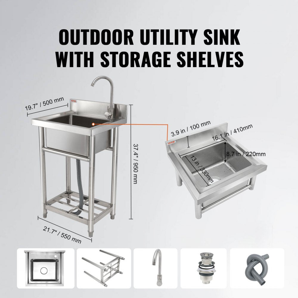Stainless Steel Utility Sink, 1 Compartment Free Standing Small Sink Include Faucet & legs, 16 x 13 x 8.7 in Commercial Single Bowl Sinks for Garage, Restaurant, Kitchen, Laundry, NSF Certified