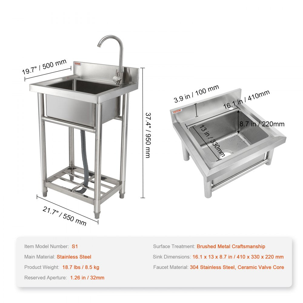 Stainless Steel Utility Sink, 1 Compartment Free Standing Small Sink Include Faucet & legs, 16 x 13 x 8.7 in Commercial Single Bowl Sinks for Garage, Restaurant, Kitchen, Laundry, NSF Certified