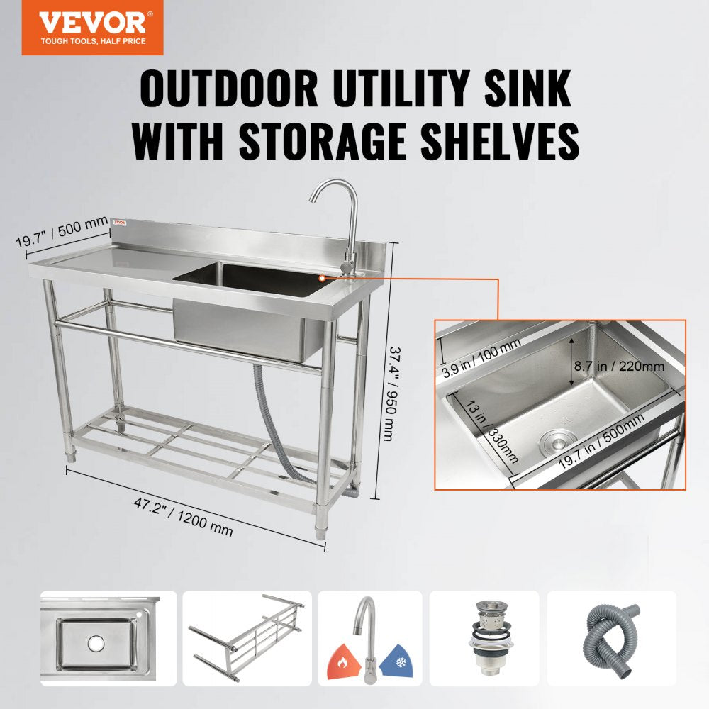 Stainless Steel Utility Sink, 1 Compartment Free Standing Small Sink w/Workbench Faucet & legs, 47.2 x 19.7 x 37.4 in Commercial Single Bowl Sinks for Garage, Restaurant, Laundry, NSF Certified
