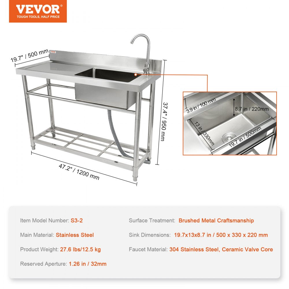 Stainless Steel Utility Sink, 1 Compartment Free Standing Small Sink w/Workbench Faucet & legs, 47.2 x 19.7 x 37.4 in Commercial Single Bowl Sinks for Garage, Restaurant, Laundry, NSF Certified
