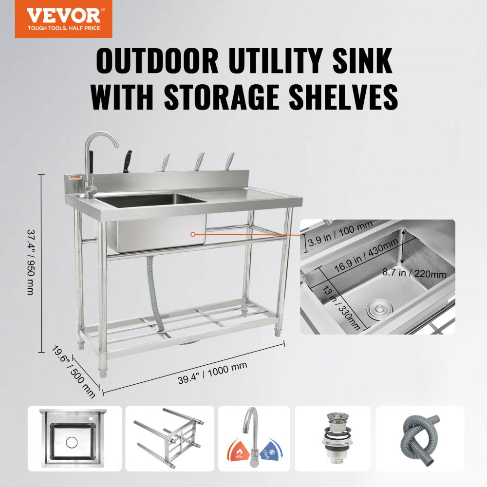 Stainless Steel Utility Sink, 1 Compartment Free Standing Small Sink w/Workbench Faucet & legs, 39.4 x 19.1 x 37.4 in Commercial Single Bowl Sinks for Garage, Restaurant, Laundry, NSF Certified
