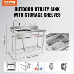 Stainless Steel Utility Sink, 1 Compartment Free Standing Small Sink w/Workbench Faucet & legs, 39.4 x 19.1 x 37.4 in Commercial Single Bowl Sinks for Garage, Restaurant, Laundry, NSF Certified