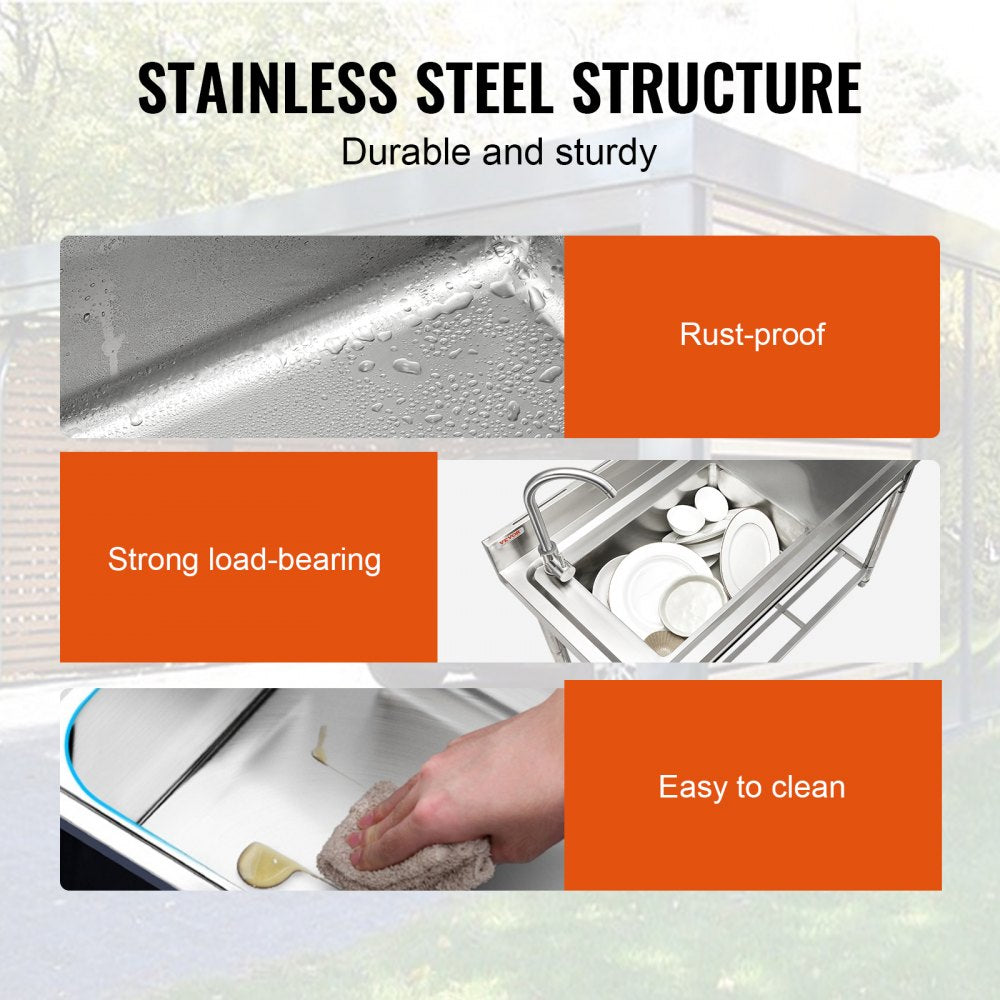 Stainless Steel Utility Sink, Free Standing Single Bowl Commercial Kitchen Sink Set w/Workbench, 47 x 19.7 x 37.4 in Commercial Single Bowl Sinks for Garage, Restaurant, Laundry, NSF Certified