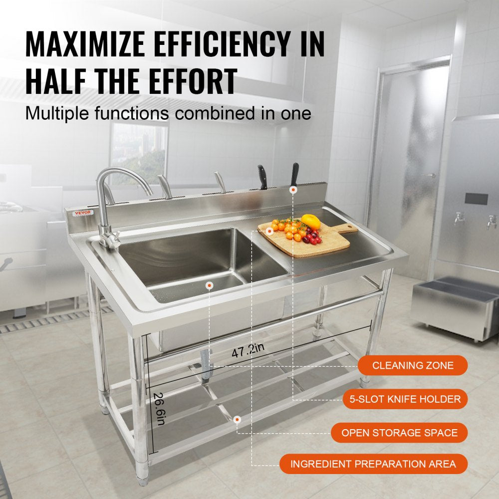 Stainless Steel Utility Sink, Free Standing Single Bowl Commercial Kitchen Sink Set w/Workbench, 47 x 19.7 x 37.4 in Commercial Single Bowl Sinks for Garage, Restaurant, Laundry, NSF Certified