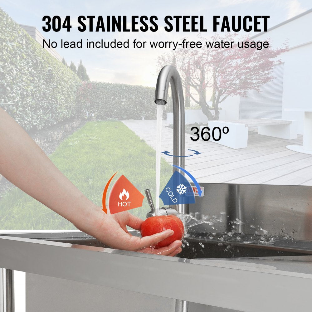 Stainless Steel Utility Sink, Free Standing Single Bowl Commercial Kitchen Sink Set w/Workbench, 47 x 19.7 x 37.4 in Commercial Single Bowl Sinks for Garage, Restaurant, Laundry, NSF Certified