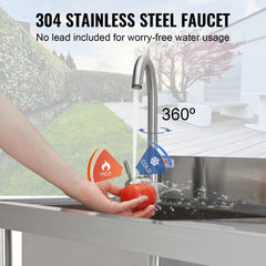 Stainless Steel Utility Sink, Free Standing Single Bowl Commercial Kitchen Sink Set w/Workbench, 47 x 19.7 x 37.4 in Commercial Single Bowl Sinks for Garage, Restaurant, Laundry, NSF Certified