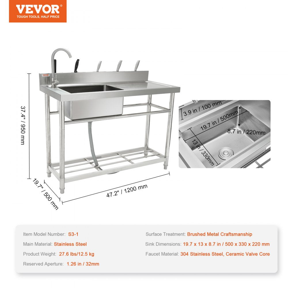 Stainless Steel Utility Sink, Free Standing Single Bowl Commercial Kitchen Sink Set w/Workbench, 47 x 19.7 x 37.4 in Commercial Single Bowl Sinks for Garage, Restaurant, Laundry, NSF Certified