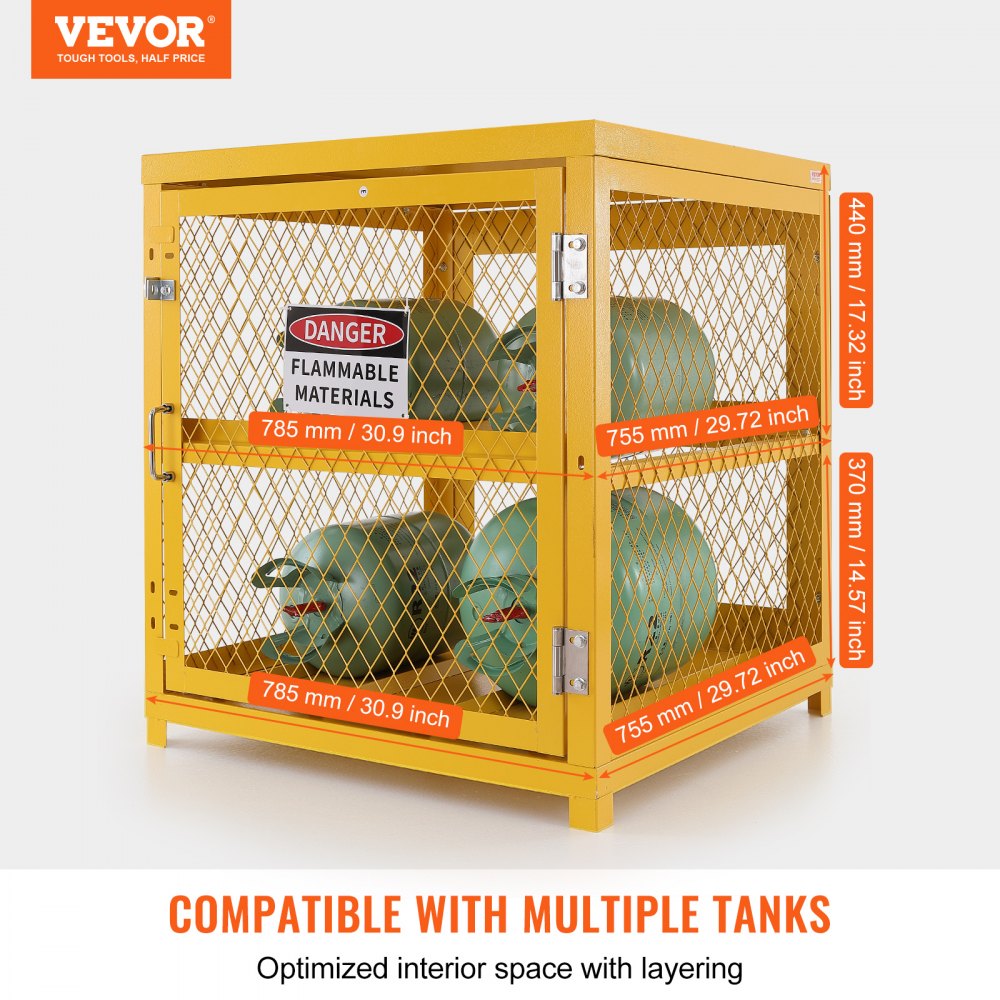 Horizontal Cylinder Storage Cabinet, 4 x 33 lbs Cylinder Capacity, 31.02x30.04x35 inch Propane Storage Cage, Gas Cylinder Cabinet, Yellow Powder Coat Finish, for Freon, Gases, Oxygen, Nitrogen