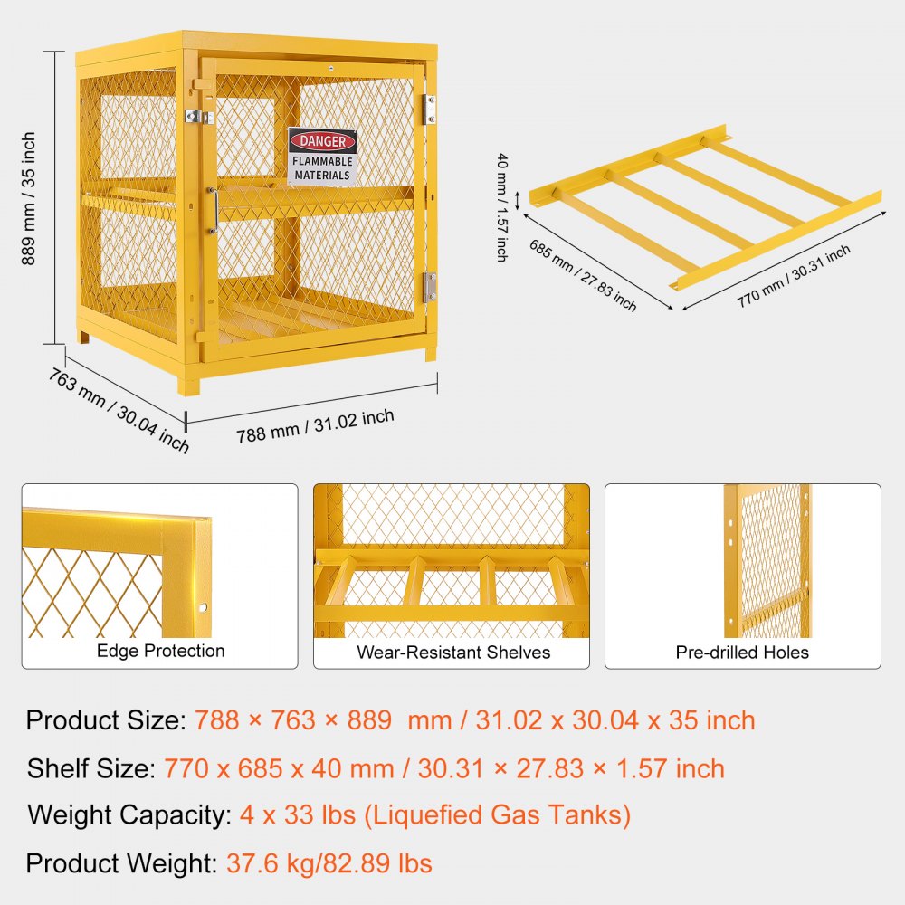 Horizontal Cylinder Storage Cabinet, 4 x 33 lbs Cylinder Capacity, 31.02x30.04x35 inch Propane Storage Cage, Gas Cylinder Cabinet, Yellow Powder Coat Finish, for Freon, Gases, Oxygen, Nitrogen